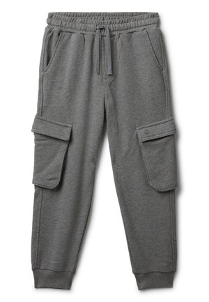 Graue Jogginghosen aus weichem Stoff, mit elastischem Bund, Kordelzug und zwei großen Seitentaschen mit Klappenverschluss.