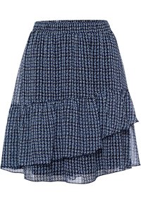 Jupe longue en bleu marine avec une texture à motifs et des accents bleu clair. Taille élastique. Tissu léger et transparent avec des volants.