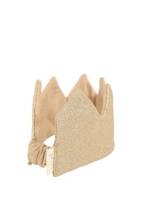 Cinta per capelli a forma di corona glitterata dorata realizzata in morbido tessuto. Presenta picchi appuntiti e una fascia elastica arricciata sul retro.