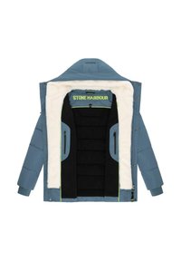 Blue puffer jacket with a white fur lining, featuring zippered black pockets and green accent piping. Hooded design, enclosed with buttons.