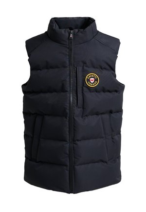 Gilet nero imbottito senza maniche con zip frontale e patch circolare con il logo Zayetti Canada sul petto sinistro.