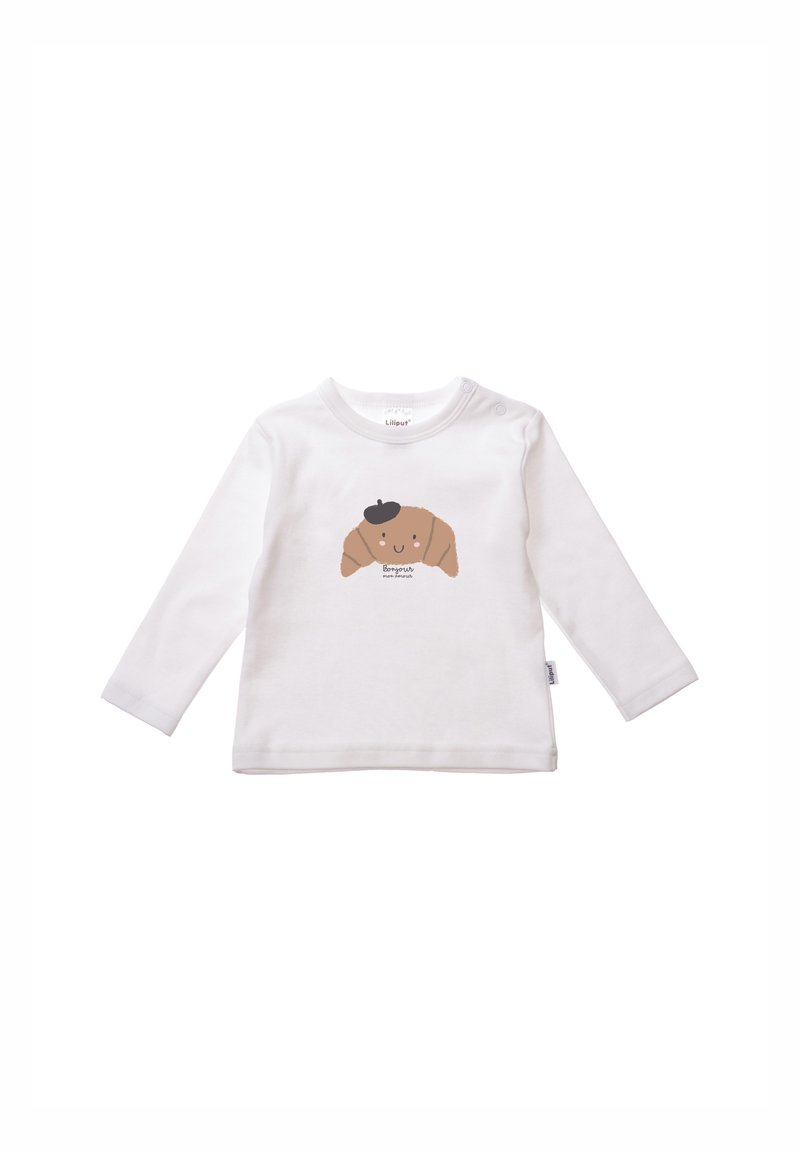 Weißes Langarm-T-Shirt mit einem braunen Cartoon-Hundedesign und einem schwarzen Barett, zentral auf der Vorderseite aufgedruckt.