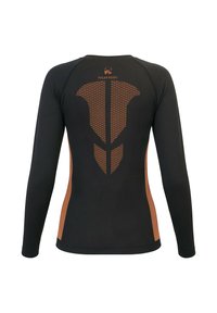 Long-sleeve athletic shirt in black with orange accents. Features a unique perforated pattern on the back and a fitted design.