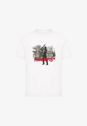 White cotton t-shirt featuring a black graphic of a figure wielding a weapon, with a cabin and trees, and "FRIDAY THE 13TH" in red text.