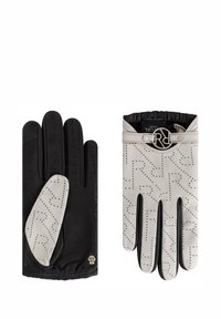 Guantes de cuero con palma negra y dorso blanco, con patrón perforado y herrajes de logo plateado. Puño elástico para un ajuste seguro.