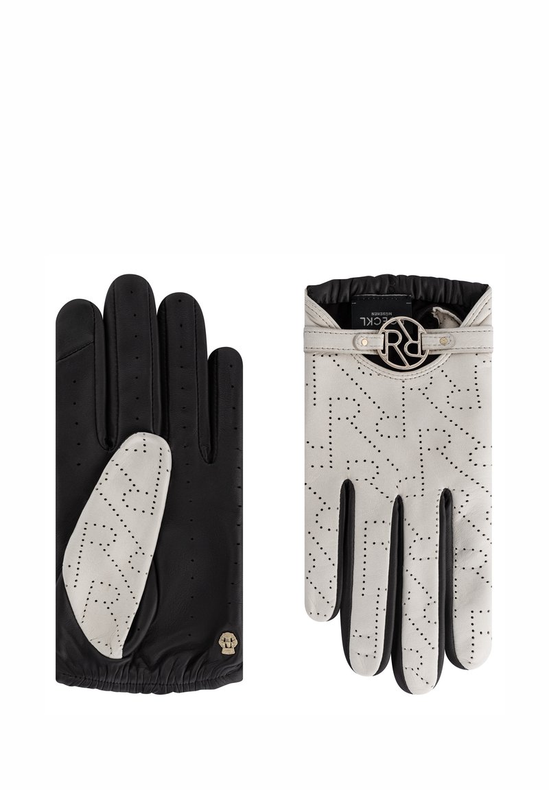 Guantes de cuero con palma negra y dorso blanco, con patrón perforado y herrajes de logo plateado. Puño elástico para un ajuste seguro.