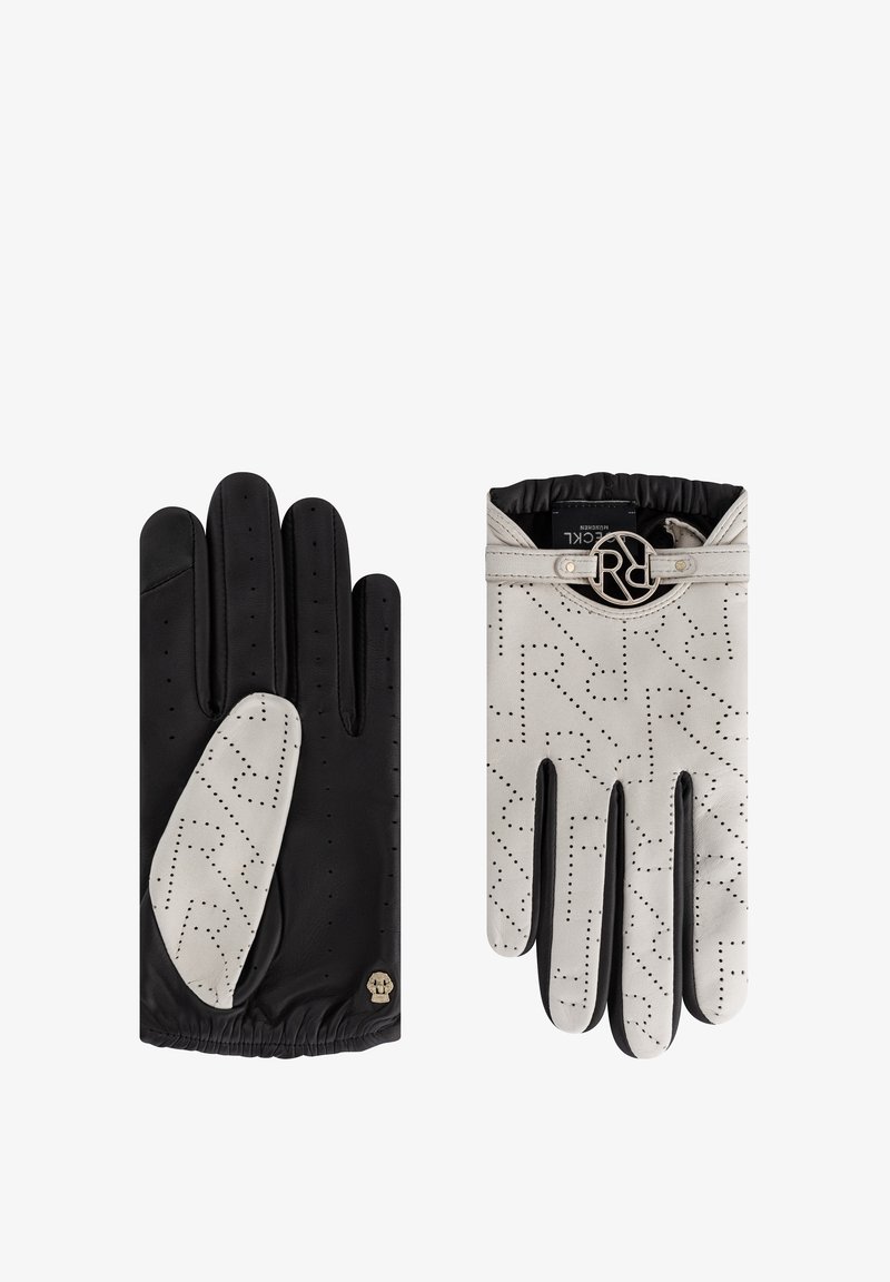 Lederhandschuhe mit schwarzer Handfläche und weißem Rücken, mit durchbrochenem Muster und silbernem Logo-Beschlägen. Elastischer Bund für einen sicheren Sitz.