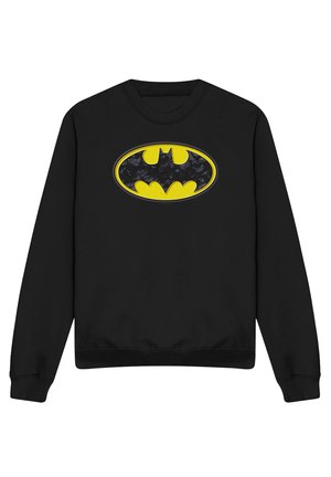 Schwarzer Langarm-Sweatshirt mit großem gelb-schwarzem Batman-Logo mit Fledermaussilhouetten im Emblem auf der Brust.