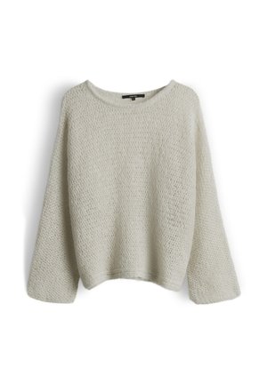 Cream-colored loose knit sweater with wide long sleeves and round neckline hanging against white background.
