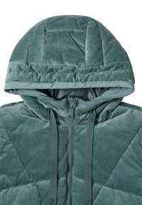 Polsternde Kapuzenjacke aus gerippter, teal-farbener Cordware mit Reißverschluss und Kordelzügen. Verfügt über ein gestepptes Muster und ein glattes Innenfutter.
