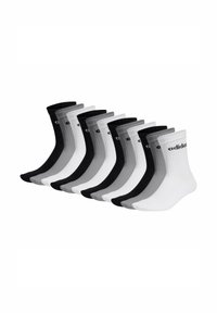 Ensemble de 12 chaussettes de type crew en noir, blanc et nuances de gris. Texture côtelée avec logo sur chaque chaussette. Longueur standard, conçu pour le confort.