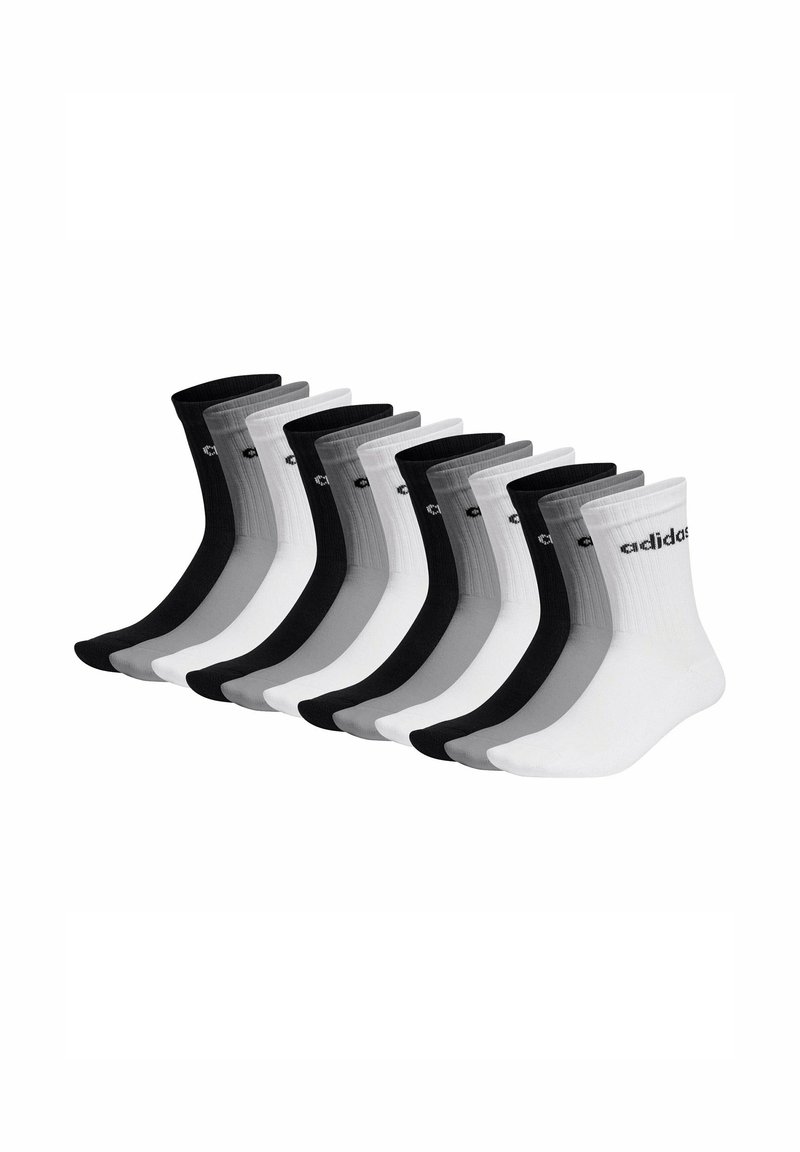 Ensemble de 12 chaussettes de type crew en noir, blanc et nuances de gris. Texture côtelée avec logo sur chaque chaussette. Longueur standard, conçu pour le confort.