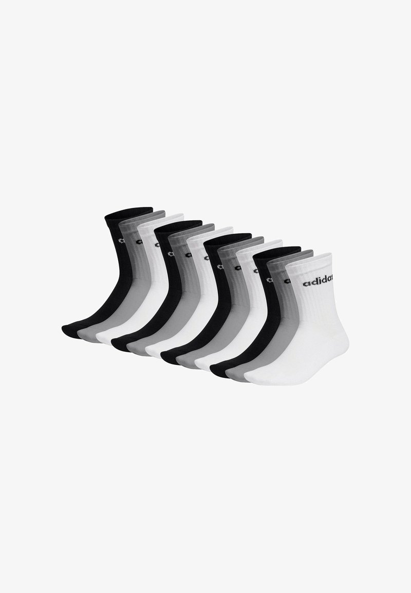 Ensemble de 12 chaussettes de type crew en noir, blanc et nuances de gris. Texture côtelée avec logo sur chaque chaussette. Longueur standard, conçu pour le confort.