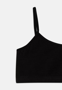 Svart bralette med tynne stropper, en jevn tekstur og en tettsittende design. Kantene er fullført med en enkel søm.