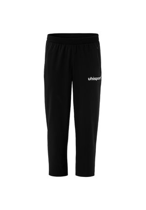 Pantaloni sportivi neri con elastico in vita, tasche laterali con zip e logo bianco "uhlsport" sulla parte superiore della gamba destra.