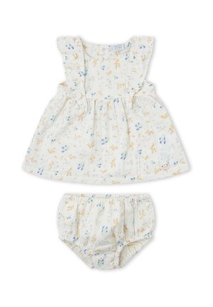 Vestido blanco para bebé y bragas a juego con un pequeño estampado floral azul y amarillo y tirantes con volantes.