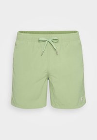 Heledad roheline ujumispüksid elastse vöökoha, köitmisega ja väikese logoplaadiga alumises paremas servas. Sile tekstuur.