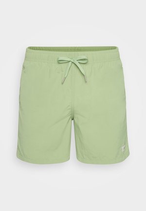 Jasnozielone kąpielówki z elastycznym pasem, sznurkiem do regulacji i małą naszywką logo w dolnym prawym rogu. Gładka tekstura.