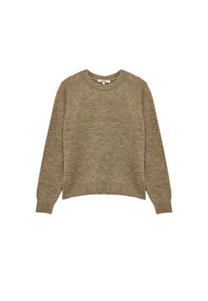 Pull beige en maille à manches longues avec col rond, poignets et ourlet côtelés, posé à plat sur fond blanc.