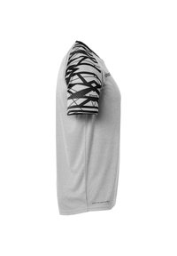 Grijze sportshirt met korte mouwen, voorzien van een zwart geometrisch patroon op de mouwen en een gladde, ademende stoftextuur.