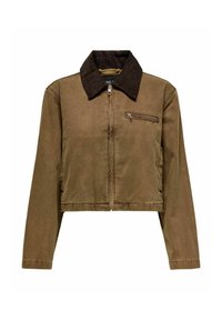Giacca corta marrone con colletto in velluto corduroy, zip frontale e tasca sul petto con zip. Presenta maniche lunghe e orlo dritto.