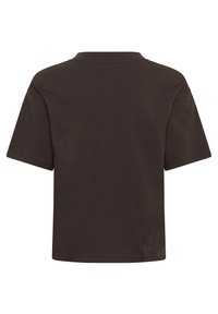 T-shirt simple marron foncé à manches courtes, vu de dos, avec un col rond et un ourlet droit.
