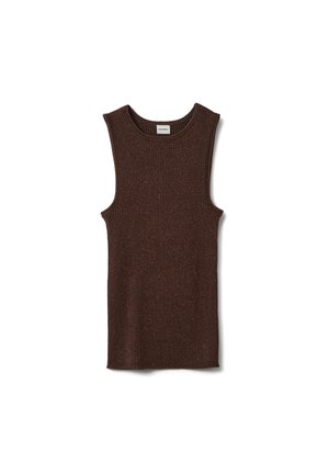 Bruine mouwloze geribbelde tanktop met een ronde halslijn en een textuureffect. Heeft een aansluitend silhouet en subtiele accenten van metalen draad.