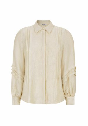Hellbeige Bluse mit durchgehender Knopfleiste, Kragen, strukturierter Stoff, Biesenfalten und gesammelten Ärmeln.