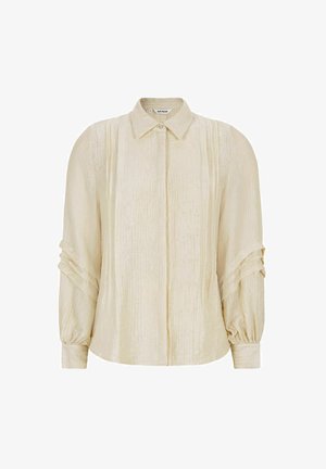 Lichtbeige blouse met een knoopsluiting aan de voorkant, een kraag, een gestructureerde stof, plooitjes en geplooide mouwen.