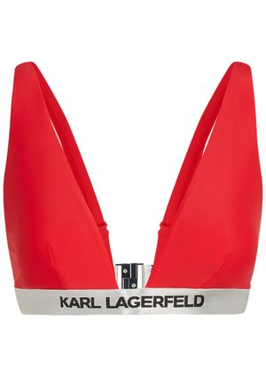Sarkans bikini augšdaļa ar dziļu V veida dekoltē, izgatavota no gludas materiāla. Iekļauj sudraba joslu ar "KARL LAGERFELD" melnā krāsā.