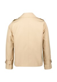 Beige regnjakke med standard krave, lange ærmer og justerbare manchetter. Fremstillet af glat, vandafvisende materiale.