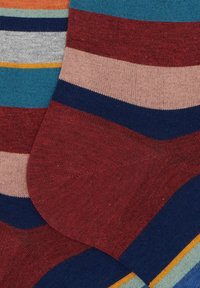 Calze a righe con colori rosso, blu navy e tonalità pastello disposti in motivi orizzontali, tessuto a maglia strutturato e rinforzi su tallone e punta.