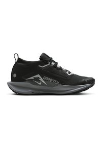 Black trail running shoes with a textured fabric upper, GORE-TEX branding, reflective accents, and a cushioned gray midsole.