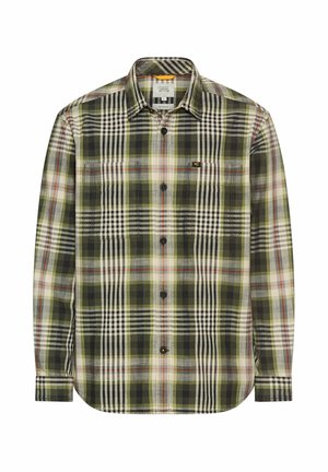 Chemise à manches longues pour homme avec un motif en tartan vert, noir, blanc et orange et deux poches poitrine.