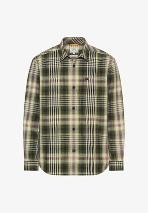 Męska koszula z długim rękawem, zapinana na guziki, w zielono-czarną-białą-pomarańczową kratę, z dwiema kieszeniami na piersi.