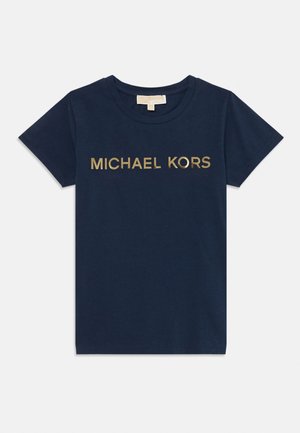 Marineblå T-shirt med korte ærmer og rund halsudskæring med gyldent "MICHAEL KORS" tekst centreret foran.