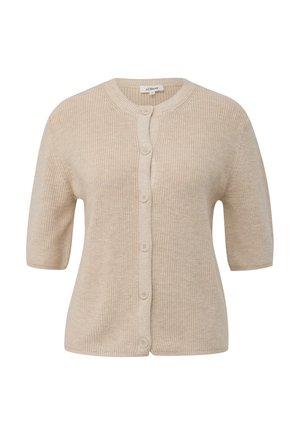 Beige kurzärmelige Strickjacke mit rundem Ausschnitt und durchgehender Knopfleiste mit sechs Knöpfen.