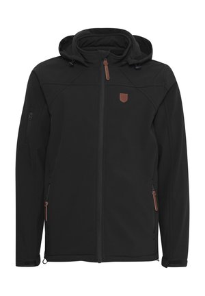Czarna kurtka softshell z zamkiem z przodu, regulowanym kapturem i brązowymi skórzanymi akcentami. Posiada boczne kieszenie na zamek oraz rzepy na nadgarstkach.