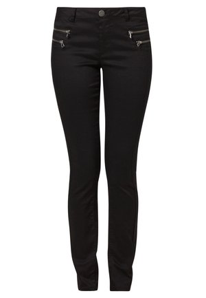 Sorte slim-fit bukser med fire sølv lynlås lommer, bæltestropper og en knaplukning i taljen, vist på hvid baggrund.