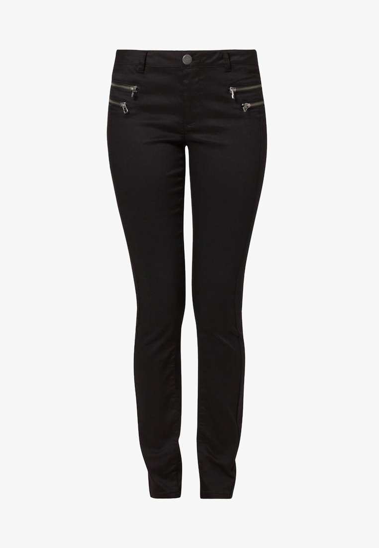 Pantalon noir slim fit avec quatre poches zippées argentées, passants de ceinture et fermeture par bouton à la taille, présenté sur fond blanc.