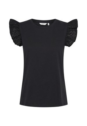 Černé tričko s krátkými, volánkovými krajkovými rukávy. Kulatý výstřih, měkká textura a rovný střih, navržené pro volný čas.