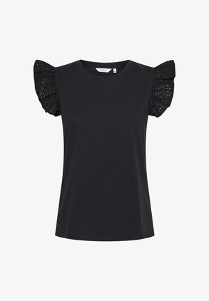 Černé tričko s krátkými, volánkovými krajkovými rukávy. Kulatý výstřih, měkká textura a rovný střih, navržené pro volný čas.