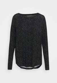 Schwarzes Langarm-Top mit einem Muster aus kleinen weißen Punkten, rundem Ausschnitt und einem leicht abgerundeten Saum am unteren Ende. Weicher Stoff.