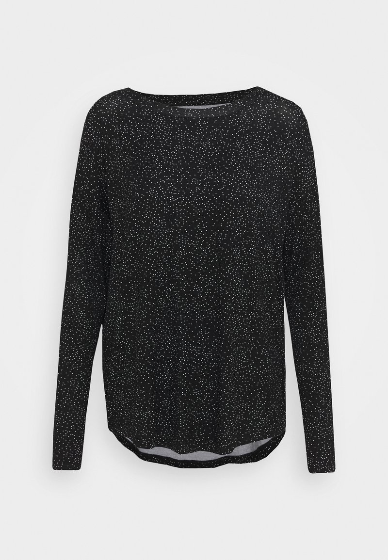 Schwarzes Langarm-Top mit einem Muster aus kleinen weißen Punkten, rundem Ausschnitt und einem leicht abgerundeten Saum am unteren Ende. Weicher Stoff.