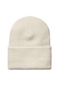 Berretto di maglia color crema con risvolto, mostrato piatto su uno sfondo bianco.