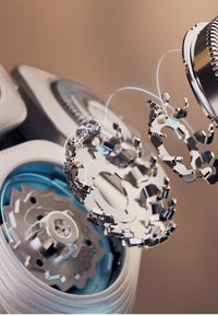 Zilveren metalen tandwielen en componenten gerangschikt in een ingewikkeld ontwerp, met blauwe accenten en een gladde oppervlakte textuur.