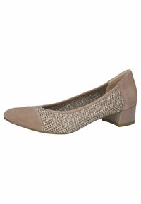 Ballerine beige con texture, dotate di punta in suede e una sezione centrale in metallo intrecciato. Tacco basso e quadro per stabilità e comfort.