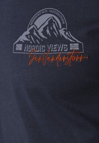 Navy blue cotton t-shirt featuring a mountain graphic in gray, with "Nordic Views" and "Jan Vanderstorm" printed in orange embroidery.