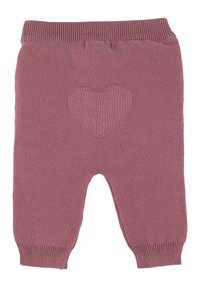 Gestrickte Babyhosen in einem gedämpften Rosaton, mit einem herzförmigen Aufnäher auf dem Rücken, elastischem Bund und gerippten Knöchelmanschetten.