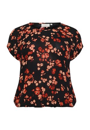Blusa nera a fiori con maniche corte, con motivi floreali rossi e crema, in tessuto morbido e con scollatura rotonda.